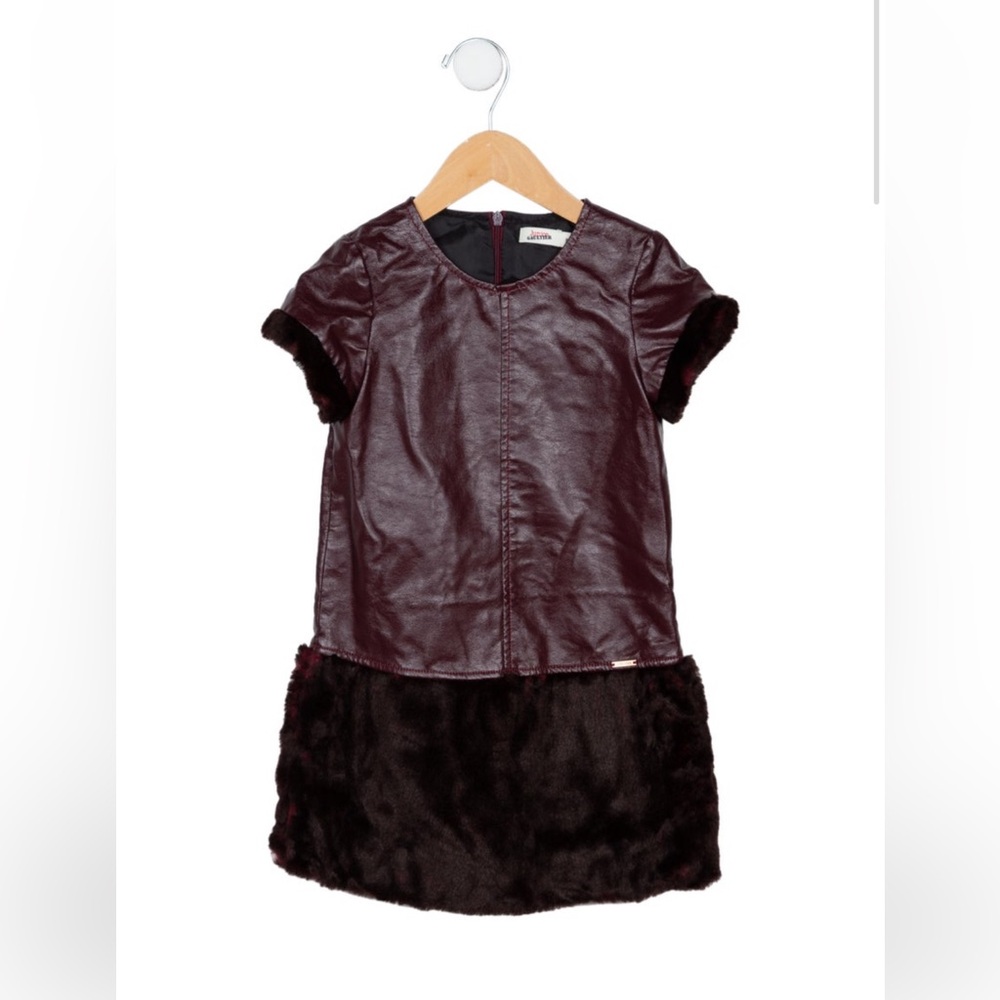 Junior Gaultier Girls Burgundy Faux Leather Dress w/ Faux Fur Trim | Size 5